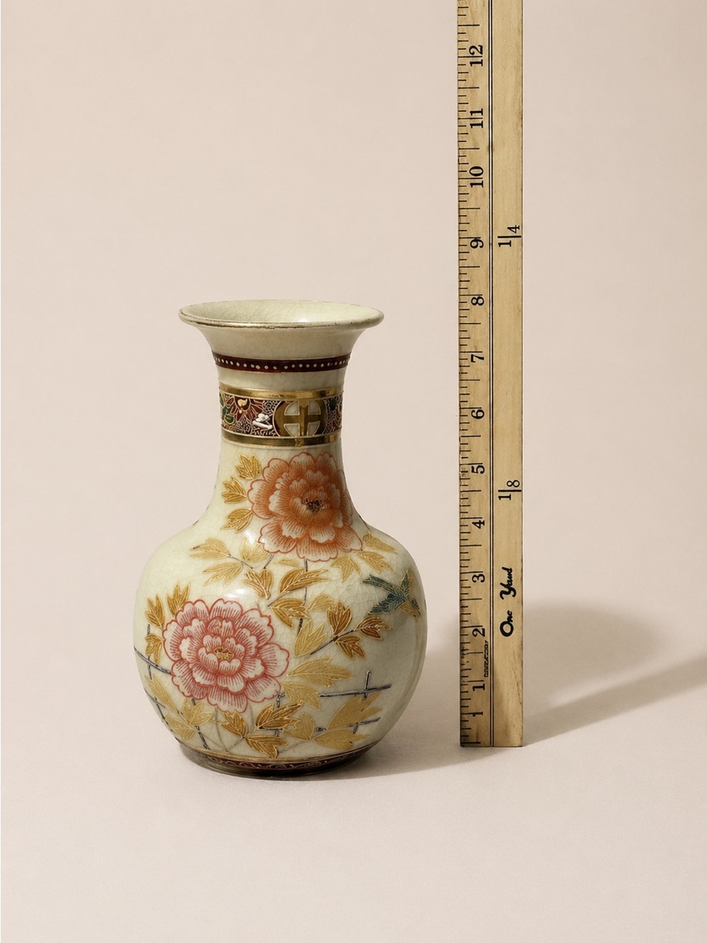Vintage Satsuma Japan Vase Hand Painted Flowers Bird Moriage 8.25" Crackle Glaze - Picture 6 of 7